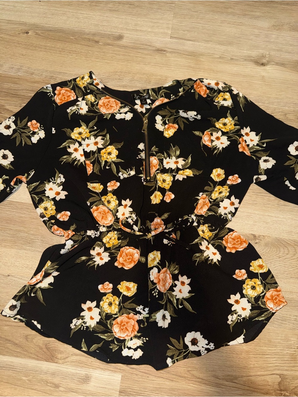 J for Justify Black Floral Zip-Peplum Blouse with Orange & Yellow Flowers